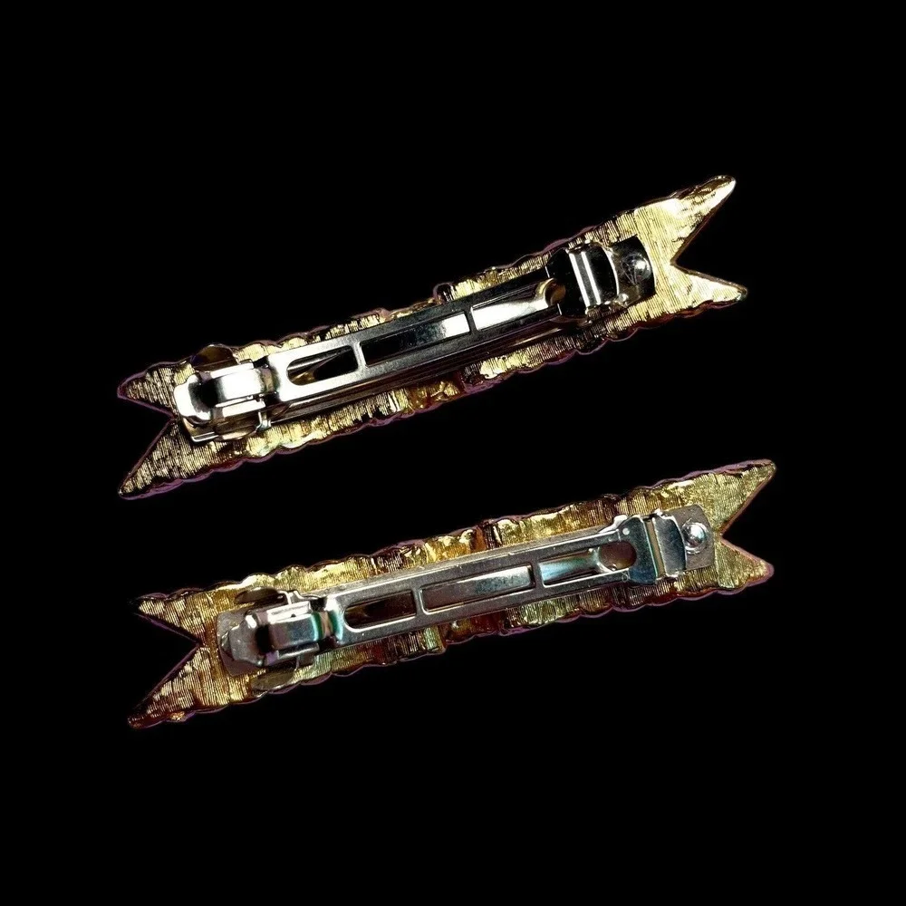 VTG Barrette Pair Gold-Tone Metal Woven Texture Bow Hair Jewelry Accessories 3”